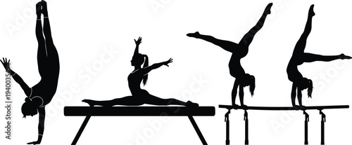 Female gymnast performing balance beam and pommel horse exercises, artistic gymnastics sport silhouette set isolated vector illustration