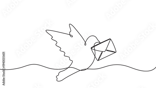 Dove carrying envelope with wings spread in flight over a wavy line, minimalist single line art. featuring bird, mail, letter with message and flying