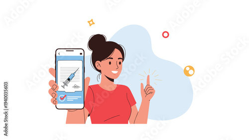 Young woman holding up a smartphone showing a digital vaccination certificate with a syringe icon and a check mark.