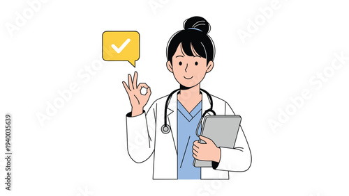 Friendly female doctor wearing a white coat and stethoscope holding a folder and giving an okay hand sign with a check mark.
