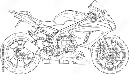 Detailed sport motorcycle line art vector illustration, high performance racing bike outline, mechanical engineering drawing, isolated monochrome transport design concept