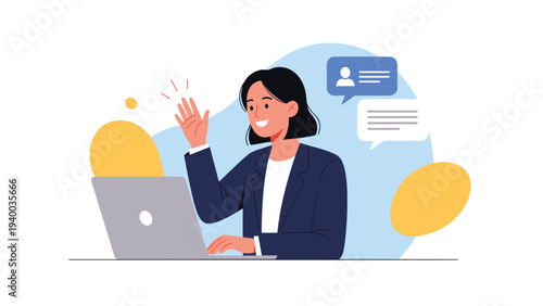 Businesswoman waving at her laptop screen with profile chat icons representing a remote team meeting or client call.