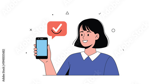 Happy young woman smiling while holding a smartphone displaying a successful completion checkmark icon in a stylish flat illustration.