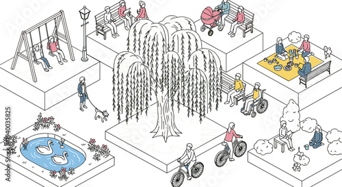 Isometric City Park Vector Illustration Featuring Playground, Cycling, Picnic Area, Pond with Swans, Benches, Trees, and Outdoor Activities