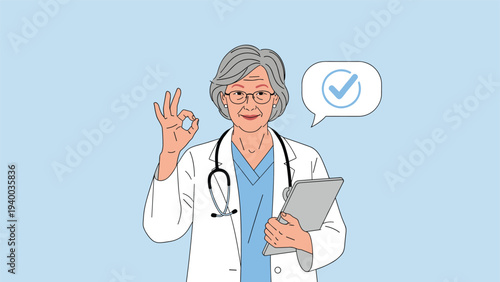 Experienced elderly female doctor smiling while holding a digital tablet and making an okay sign gesture against a blue background.