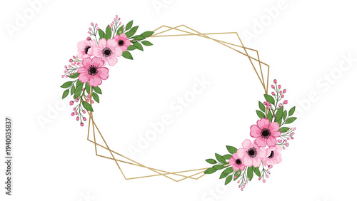 Elegant gold geometric wreath frame decorated with pink anemone flowers and green foliage on a clean white background for events.