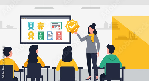 Certification training program with instructor and students vector illustration