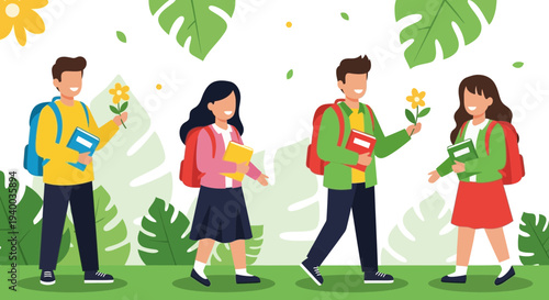 Cheerful students heading back to school with flowers and books in a colorful illustration