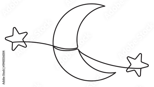 Moon with stars line art icon with simple black outline drawing, minimal celestial graphic element featuring night, sky, constellation with galaxy