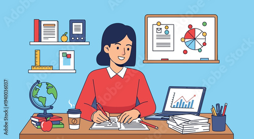 Illustration of a cheerful teacher working at her desk with educational elements around her