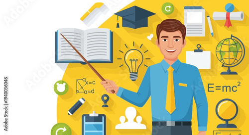 Illustration featuring a cheerful teacher with educational symbols and concepts on yellow background
