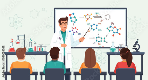 Illustration of a chemistry teacher explaining molecular structure to students in a classroom