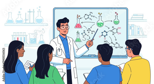 Illustration of a chemistry class with a teacher explaining molecular structures to students in a