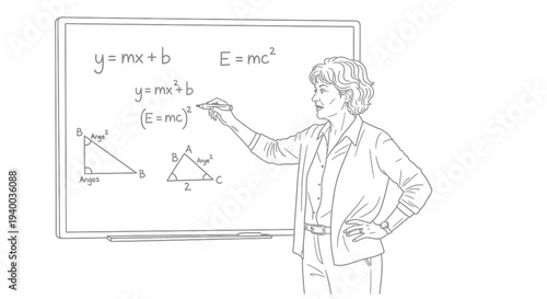 Illustration of a mathematics teacher explaining formulas on a whiteboard in a classroom