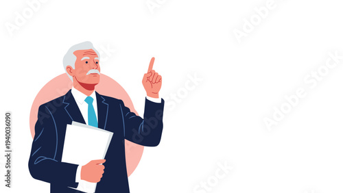 Dignified senior businessman in a dark suit holding documents and pointing upwards as if giving a speech or having a great idea.