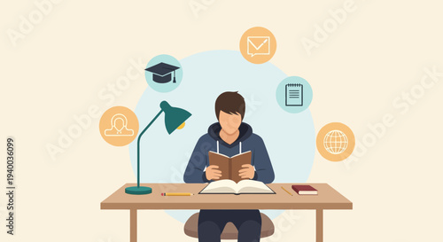 Illustration of a Focused Student Studying with Icons Representing Education and Technology