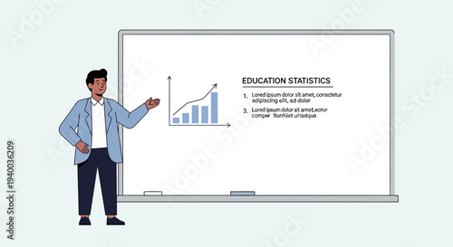 Illustration of a teacher presenting education statistics on a whiteboard during a lesson