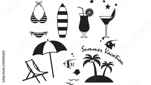 Summer vacation set with bikini, surfboard, umbrella, cocktails, palm trees, fish, and stars, black icons.