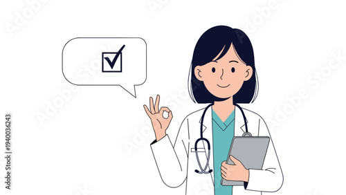 Smiling female doctor in a white coat and stethoscope making an okay hand gesture with a successful checkmark speech bubble.
