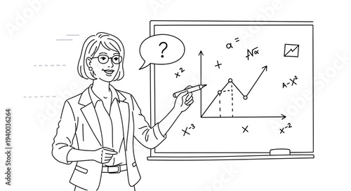 Math Teacher Explains Graph on Whiteboard with Formulas and Question Mark