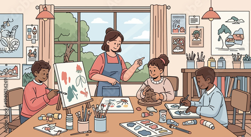 Illustration of students participating in an art class with a teacher guiding them, creating