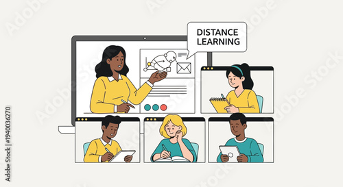 Online Education Concept with Teacher and Students in Virtual Classroom Setup Illustration