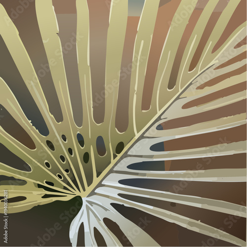Modern abstract illustration of a tropical monstera leaf in earth tones.