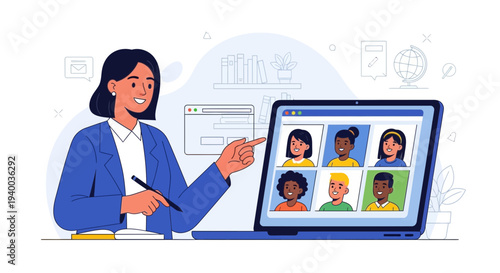 Online education illustration featuring a teacher conducting a virtual classroom session