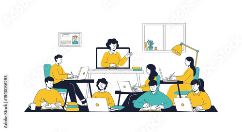 Online Education: Diverse Students Learn Remotely with Teacher on Laptop Screen