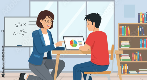 Teacher helps student with math on laptop, whiteboard with formulas, bookshelf background