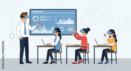 Virtual Reality Classroom: Teacher Explains VR Education with Students Using Headsets