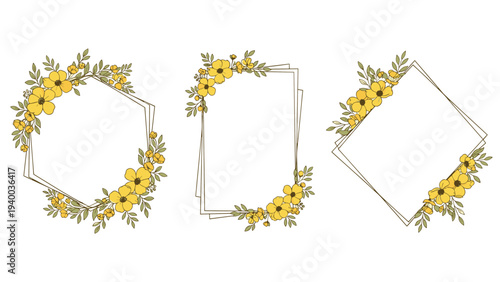 Set of three delicate gold geometric frames adorned with clusters of yellow flowers and green leaves on a white background.