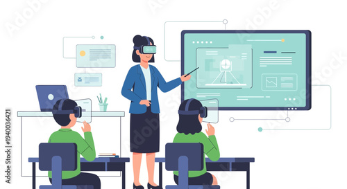 Virtual Reality Classroom: Teacher Guides Students Through Immersive Educational Experience