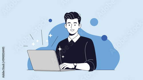 Happy young man working on a laptop with shining stars and sparkles representing high performance or a brand new device.