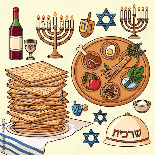 A vibrant collection of Jewish holiday symbols and traditional items, including a Seder plate, stacked matzah, wine, menorahs, dreidels, and Stars of David, set against a light background.