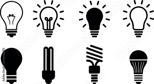 Collection of various light bulb icons in black and white