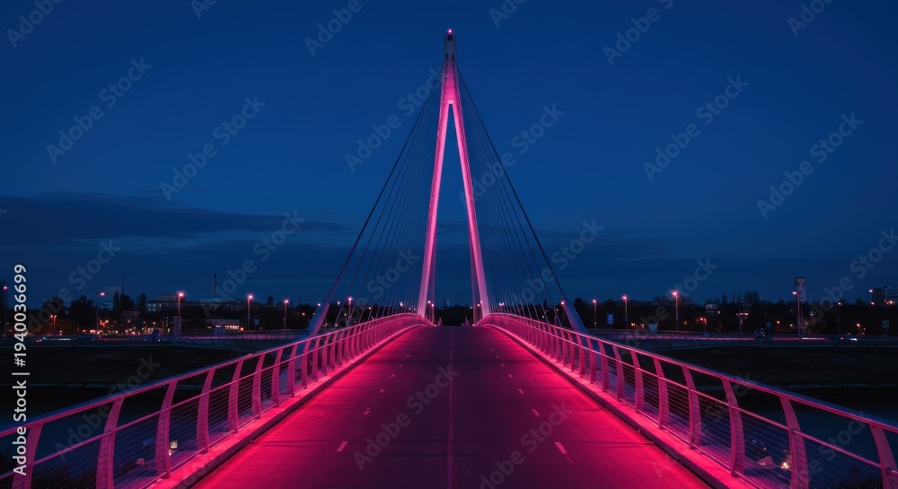 Obraz premium A vibrant pink suspension bridge illuminated at night with city lights