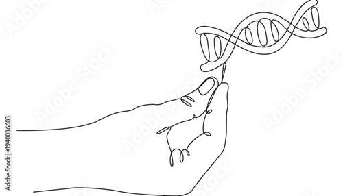 DNA helix with a single line hand holding it, gene, genetics, science, research, biology, science illustration, one continuous line drawing.