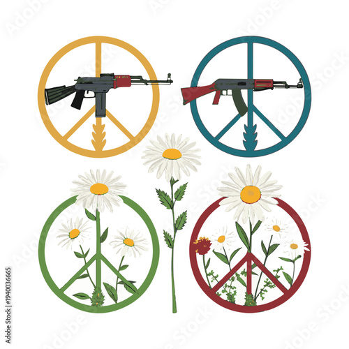 Guns and flowers within peace symbols and daisies rifle weapon
