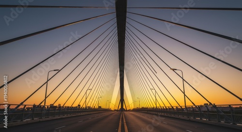 A suspension bridge stretches across the landscape at sunset with cables and streetlights