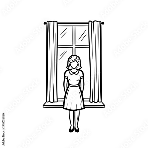 Young woman standing by window in home with curtains drawn  