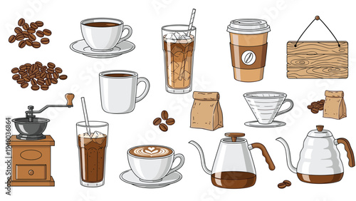 Comprehensive collection of coffee icons featuring beans grinder various cups of hot and iced coffee and brewing equipment.