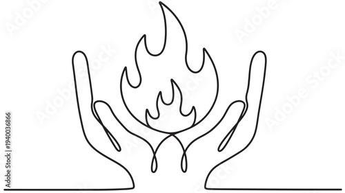Flames protected by hands in continuous line art style, minimalist representation of care and energy.