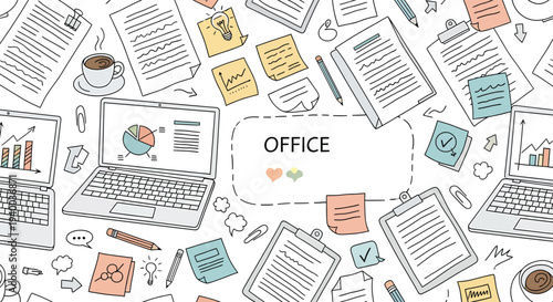 Hand Drawn Office Workspace Doodle Illustration with Laptop Documents Sticky Notes Coffee.Intricate Linear Pathways with Complex Solving Routes. Cognitive Puzzle Editorial.
