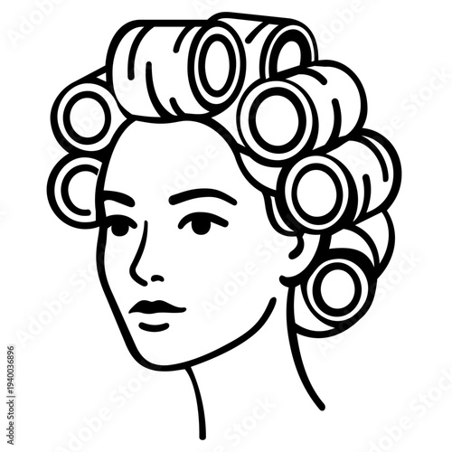 Woman with curlers in hair looking thoughtfully to the side  