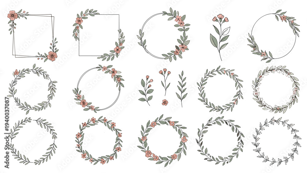 Obraz premium Set of delicate hand drawn floral wreaths and frames with pink flowers and green leaves in various shapes and sizes.