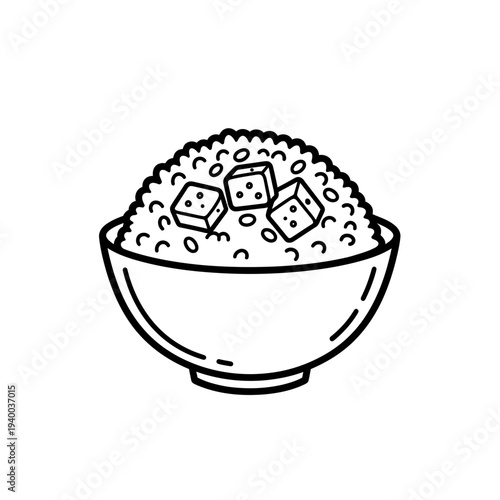 Bowl of rice with cubes of tofu in minimal line art style  