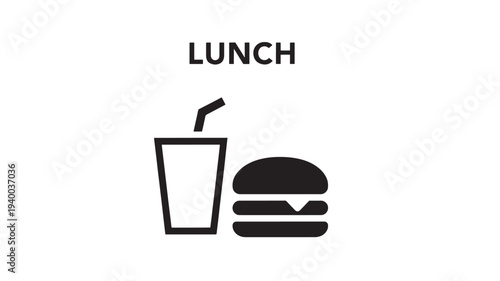 Hamburger and drink icon with the word LUNCH, simple graphic representation of a fast food meal. featuring cup, straw, beverage with symbol and