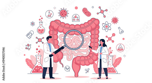 Medical professionals examining the human digestive system with a magnifying glass.