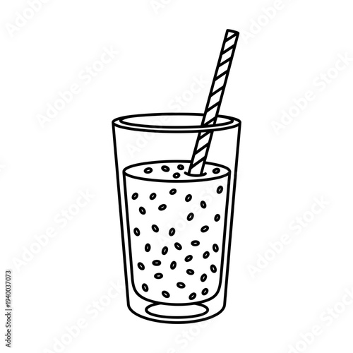 Drink smoothie with chia seeds with straw in clear glass with bubbles and simple design  